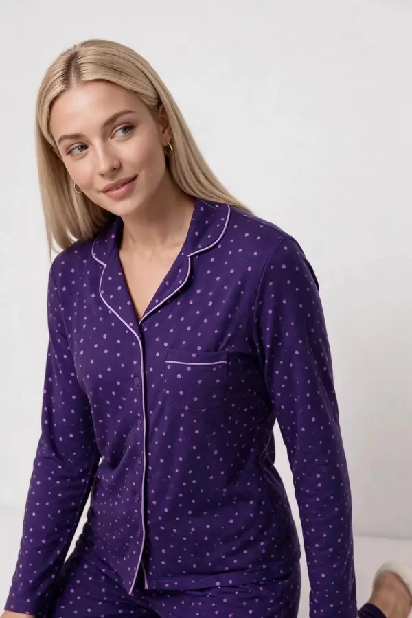 Pjs 30167 Kadın Uzun Kol Puantiyeli Düğmeli Pijama Takımı Pjs 30167 Kadın Uzun Kol Puantiyeli Düğmeli Pijama Takımı