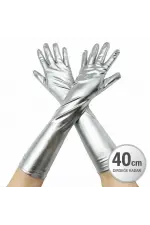 Gümüş Renk Dirsek Altı Lüks Saten Eldiven 40 Cm Gümüş Renk Dirsek Altı Lüks Saten Eldiven 40 Cm