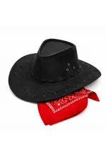 Çocuk Kovboy Şapka Siyah & Kırmızı Bandana Fular Seti Çocuk Kovboy Şapka Siyah & Kırmızı Bandana Fular Seti