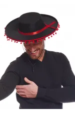 Kırmızı Ponponlu Siyah Renk Yetişkin İspanyol Şapkası