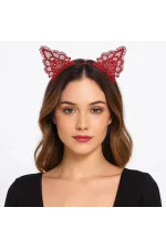 Dantelli Kırmızı Kedi Tacı - Vintage Tarz Dantel Kedi Kulak Dantelli Kırmızı Kedi Tacı - Vintage Tarz Dantel Kedi Kulak