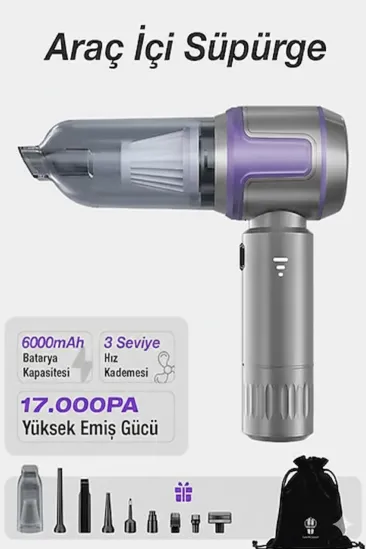 Kablosuz Taşınabilir Araç İçi El Süpürgesi 17000pa Güçlü Vakum 4’ü 1 Arada Çok Amaçlı Temizlik