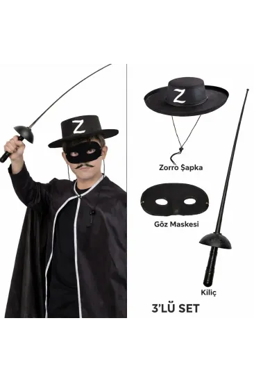 Zorro Kostüm Seti 3’lü Çocuk – Şapka, Maske Ve Kılıç Zorro Kostüm Seti 3’lü Çocuk – Şapka, Maske Ve Kılıç