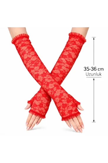 Uzun Zarif Dantel Eldiven Parmaksız Kırmızı 35 Cm Uzun Zarif Dantel Eldiven Parmaksız Kırmızı 35 Cm