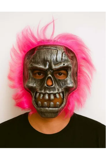 Wild Skull - Gümüş Kafatası Pembe Saçlı İskelet Maske Wild Skull - Gümüş Kafatası Pembe Saçlı İskelet Maske