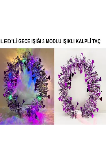 Kalp Püsküllü Gece Parıltısı 3 Modlu Led'li Işıklı Taç Mor Renk Kalp Püsküllü Gece Parıltısı 3 Modlu Led'li Işıklı Taç Mor Renk