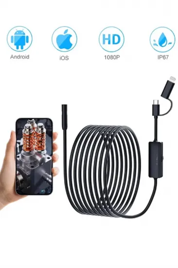 5 Metre Endoskop Yılan Video Kamera Ios Ve Android Uyumlu Led’li 8 Mm Sert Kablo 2mp