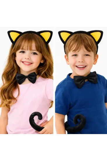 Sarı Kulaklı Kedi Kostüm Seti – Taç Papyon Kuyruk 3 Parça Sarı Kulaklı Kedi Kostüm Seti – Taç Papyon Kuyruk 3 Parça