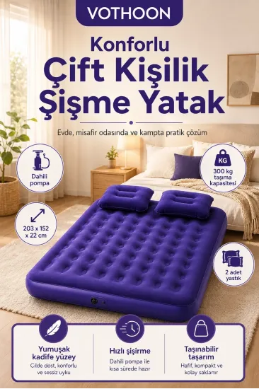 Çift Kişilik Şişme Yatak Dahili Pompalı 203x152x22 Cm 2 Yastıklı Çift Kişilik Şişme Yatak Dahili Pompalı 203x152x22 Cm 2 Yastıklı