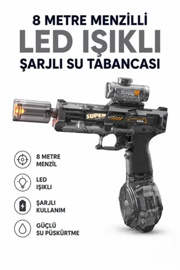 Sarjlı Otomatik Su Tabancası Led Işıklı Geniş Su Hazneli Gerçekçi Geri Tepme Efektli Uzak Menzilli Sarjlı Otomatik Su Tabancası Led Işıklı Geniş Su Hazneli Gerçekçi Geri Tepme Efektli Uzak Menzilli