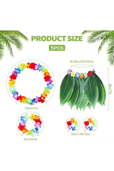 Çocuk Hawaii Kostüm Seti - Yaprak Etek & Hawaii Set - 5 Parça Çocuk Hawaii Kostüm Seti - Yaprak Etek & Hawaii Set - 5 Parça