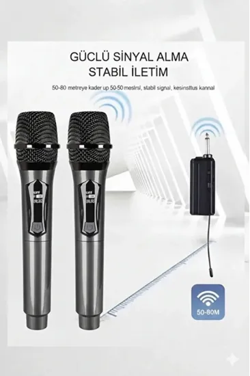 Profesyonel Çiftli Kablosuz Mikrofon Seti Karaoke Şarj Edilebilir 50 Metre Profesyonel Çiftli Kablosuz Mikrofon Seti Karaoke Şarj Edilebilir 50 Metre