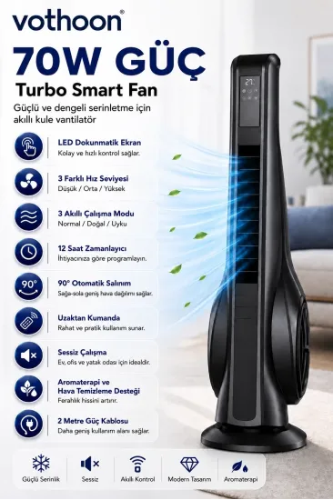 Turbo Smart Akıllı Fan Led Ekranlı Kumandalı 90° Hareketli Serinletici Soğutucu Kule Tipi Vantilatör Turbo Smart Akıllı Fan Led Ekranlı Kumandalı 90° Hareketli Serinletici Soğutucu Kule Tipi Vantilatör