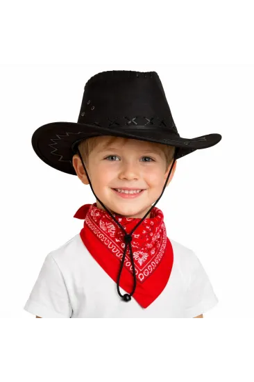 Çocuk Kovboy Şapka Siyah & Kırmızı Bandana Fular Seti Çocuk Kovboy Şapka Siyah & Kırmızı Bandana Fular Seti