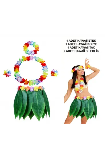 Yetişkin Hawaii Kostüm Seti - Yaprak Etek & Hawaii Set - 5 Parça Yetişkin Hawaii Kostüm Seti - Yaprak Etek & Hawaii Set - 5 Parça