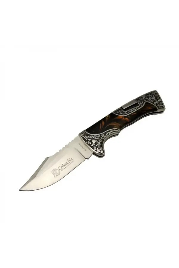 B3157b İşlemeli Kamp Çakı 22 Cm - Kahverengi Sedef Saplı, Manuel Açılma B3157b İşlemeli Kamp Çakı 22 Cm - Kahverengi Sedef Saplı, Manuel Açılma