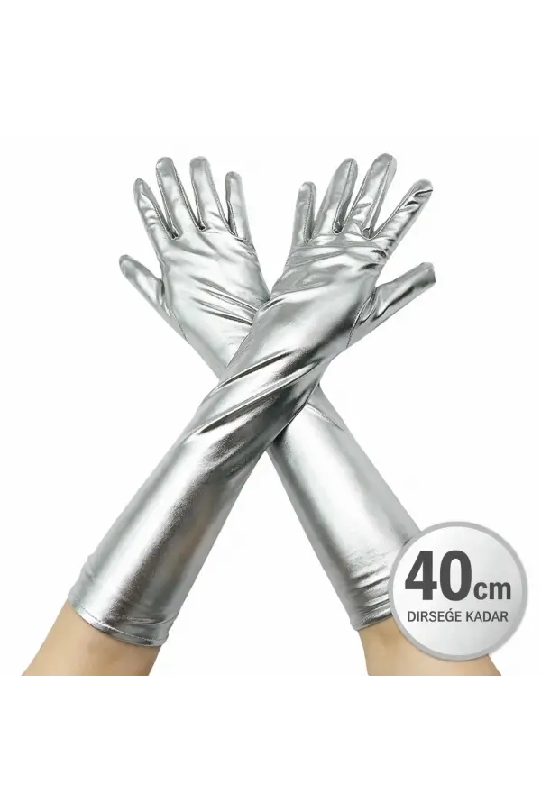 Gümüş Renk Dirsek Altı Lüks Saten Eldiven 40 Cm Gümüş Renk Dirsek Altı Lüks Saten Eldiven 40 Cm