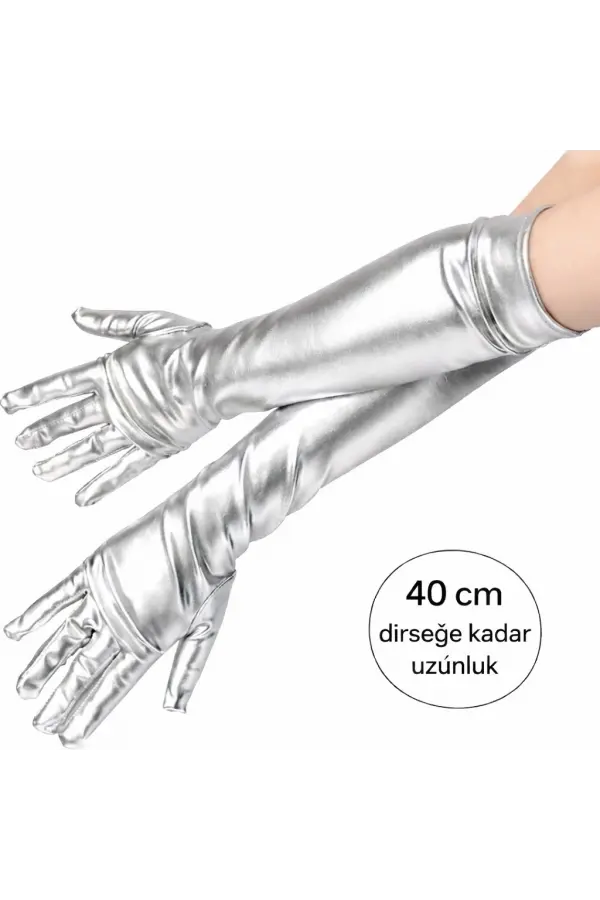 Gümüş Renk Dirsek Altı Lüks Saten Eldiven 40 Cm Gümüş Renk Dirsek Altı Lüks Saten Eldiven 40 Cm