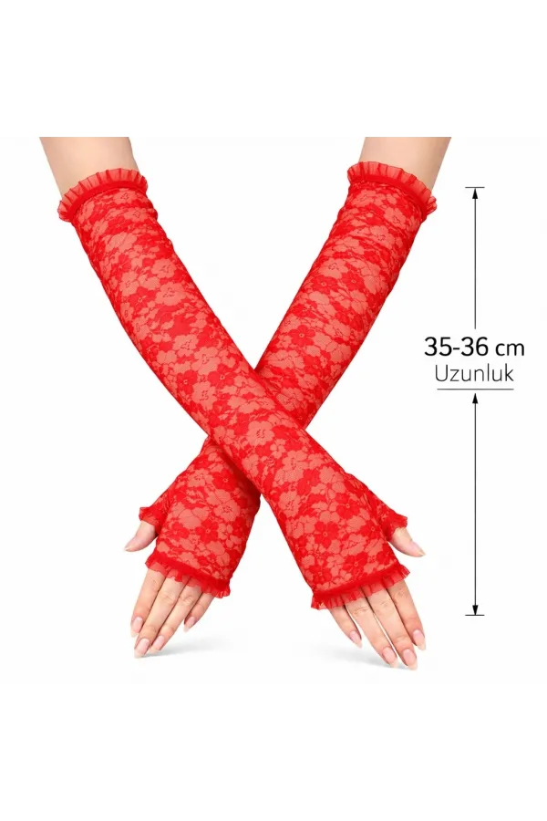 Uzun Zarif Dantel Eldiven Parmaksız Kırmızı 35 Cm Uzun Zarif Dantel Eldiven Parmaksız Kırmızı 35 Cm