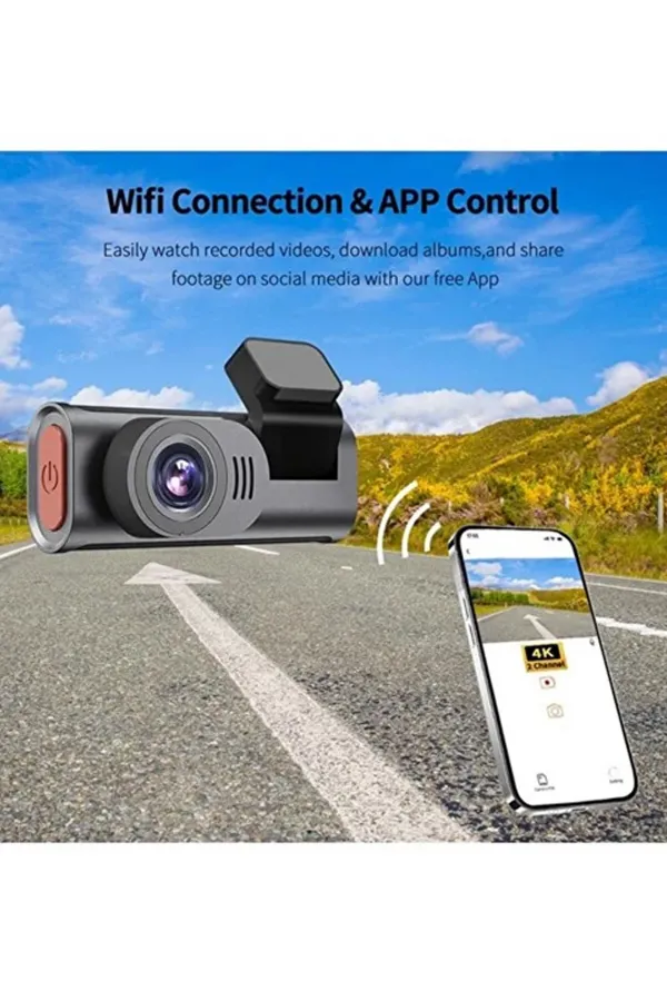 4k Wifi Çift Kameralı Araç Kamerası Gece Görüşlü G-sensörlü Dash Cam 170 Derece 4k Wifi Çift Kameralı Araç Kamerası Gece Görüşlü G-sensörlü Dash Cam 170 Derece