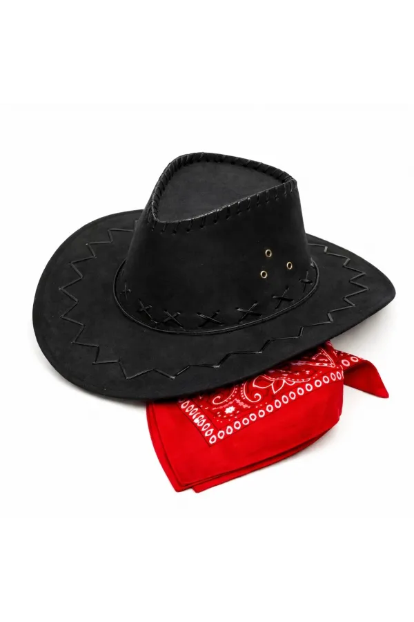Çocuk Kovboy Şapka Siyah & Kırmızı Bandana Fular Seti Çocuk Kovboy Şapka Siyah & Kırmızı Bandana Fular Seti
