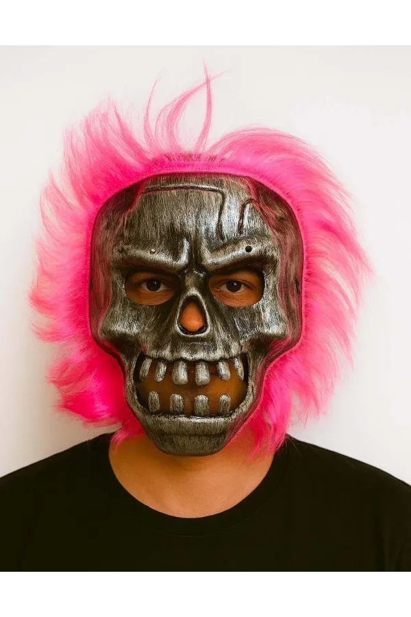 Wild Skull - Gümüş Kafatası Pembe Saçlı İskelet Maske Wild Skull - Gümüş Kafatası Pembe Saçlı İskelet Maske
