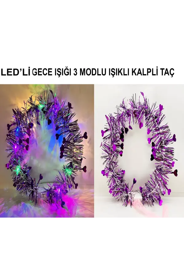 Kalp Püsküllü Gece Parıltısı 3 Modlu Led'li Işıklı Taç Mor Renk Kalp Püsküllü Gece Parıltısı 3 Modlu Led'li Işıklı Taç Mor Renk