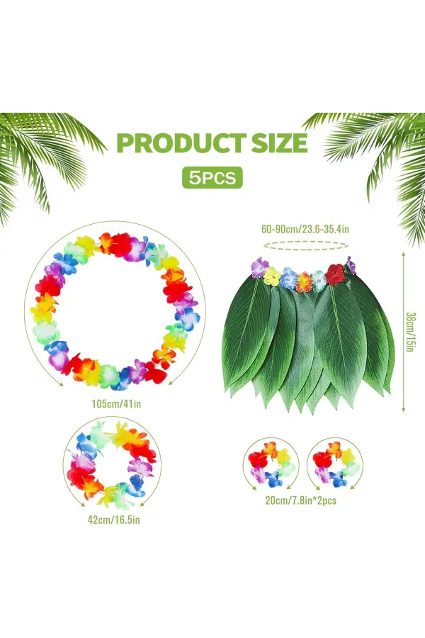 Yetişkin Hawaii Kostüm Seti - Yaprak Etek & Hawaii Set - 5 Parça Yetişkin Hawaii Kostüm Seti - Yaprak Etek & Hawaii Set - 5 Parça