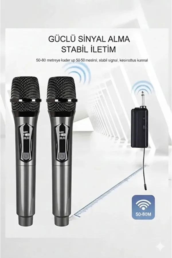 Profesyonel Çiftli Kablosuz Mikrofon Seti Karaoke Şarj Edilebilir 50 Metre Profesyonel Çiftli Kablosuz Mikrofon Seti Karaoke Şarj Edilebilir 50 Metre