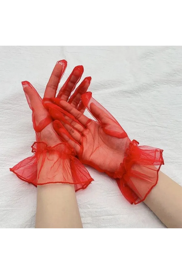 Kısa Boy Likralı Güpürlü Yetişkin Tül Eldiven Kırmızı Renk Kısa Boy Likralı Güpürlü Yetişkin Tül Eldiven Kırmızı Renk