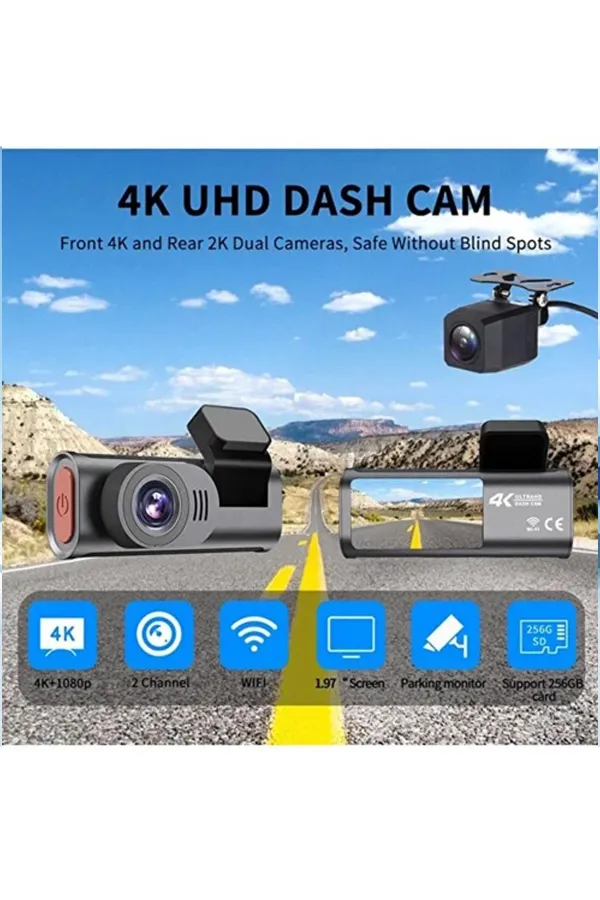 4k Wifi Çift Kameralı Araç Kamerası Gece Görüşlü G-sensörlü Dash Cam 170 Derece 4k Wifi Çift Kameralı Araç Kamerası Gece Görüşlü G-sensörlü Dash Cam 170 Derece