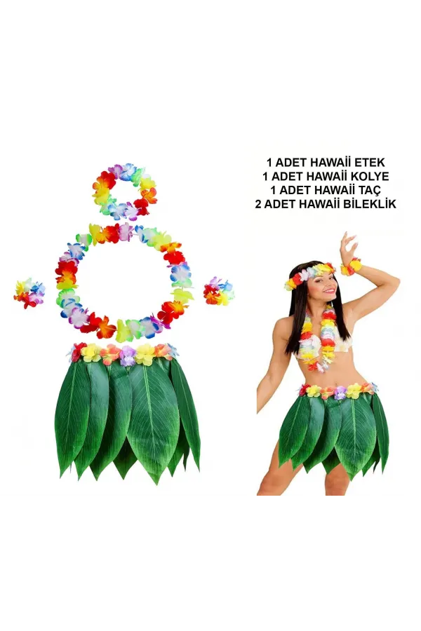 Yetişkin Hawaii Kostüm Seti - Yaprak Etek & Hawaii Set - 5 Parça Yetişkin Hawaii Kostüm Seti - Yaprak Etek & Hawaii Set - 5 Parça