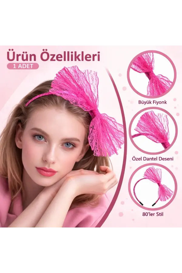80’ler 90’lar Neon Pembe Dantel Taç Fiyonklu 80’ler 90’lar Neon Pembe Dantel Taç Fiyonklu