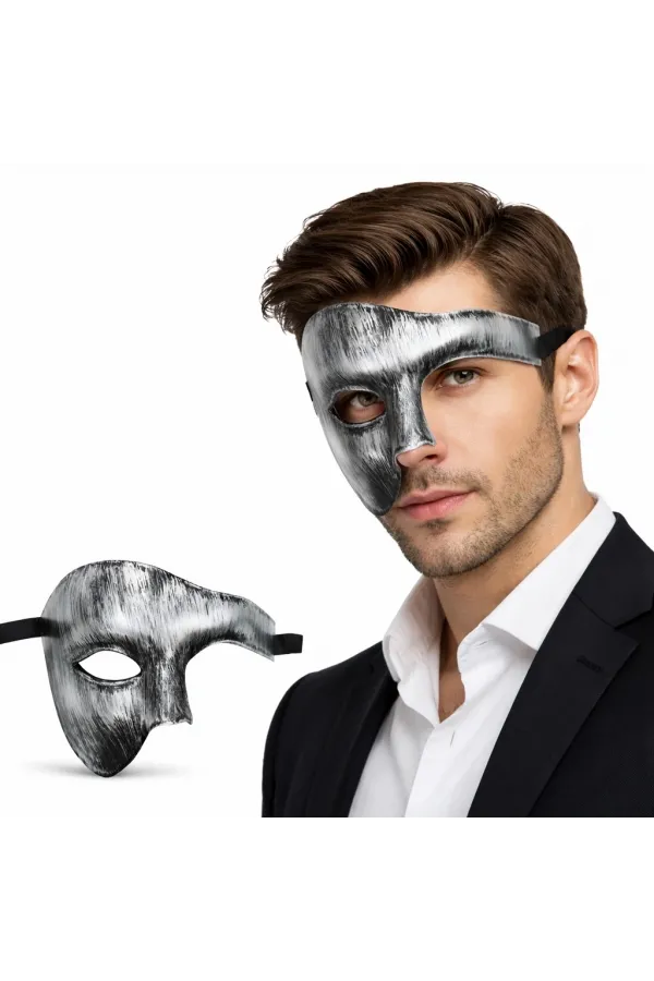 Antik Eskitme Gümüş Erkek Yarım Maske - Phantom & Balo Maskesi Antik Eskitme Gümüş Erkek Yarım Maske - Phantom & Balo Maskesi