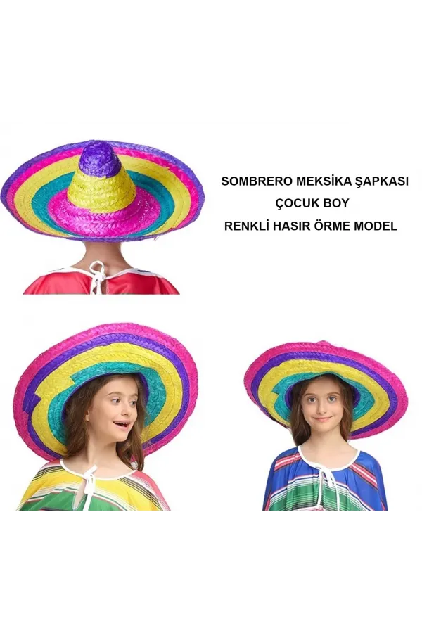 Sombrero Meksika Şapkası Renkli Örme Hasır Çocuk Boy Sombrero Meksika Şapkası Renkli Örme Hasır Çocuk Boy