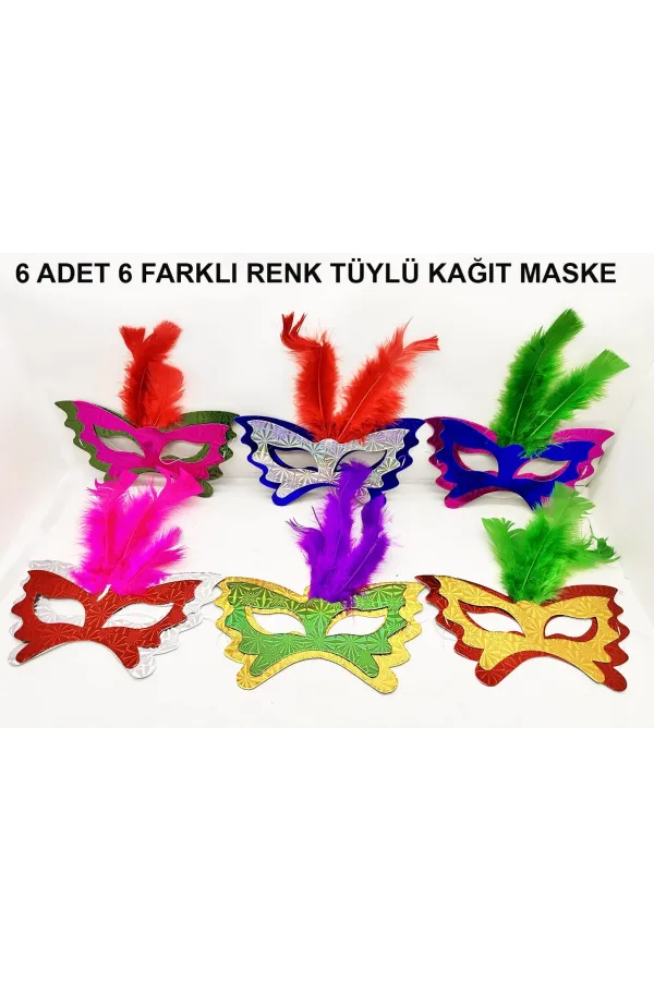 Renkli Parti Maskesi 6'lı | Tüylü Karton Maske Seti (lastikli) Renkli Parti Maskesi 6'lı | Tüylü Karton Maske Seti (lastikli)