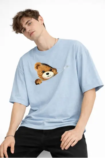MN - Bear Baskılı Oversize Tişört AÇIK MAVİ MN - Bear Baskılı Oversize Tişört AÇIK MAVİ