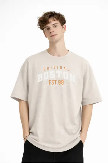 Boston - Baskılı Oversize Tişört BEJ