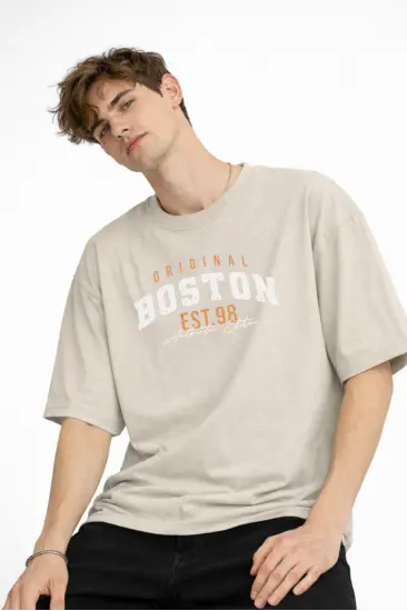 Boston - Baskılı Oversize Tişört BEJ