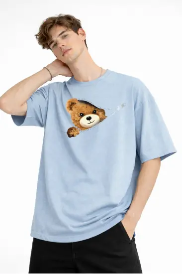 MN - Bear Baskılı Oversize Tişört AÇIK MAVİ MN - Bear Baskılı Oversize Tişört AÇIK MAVİ