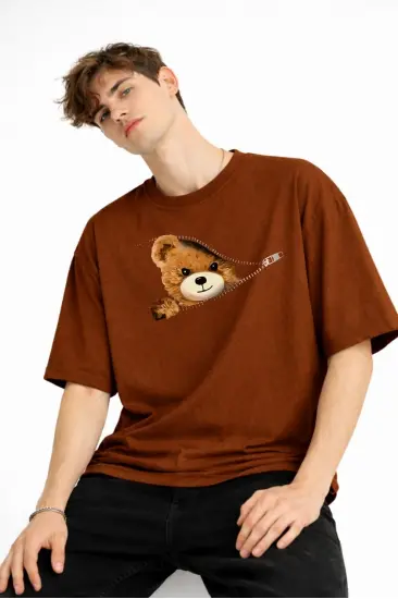 MN - Bear Baskılı Oversize Tişört KAHVE MN - Bear Baskılı Oversize Tişört KAHVE
