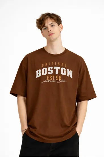 Boston - Baskılı Oversize Tişört KAHVE