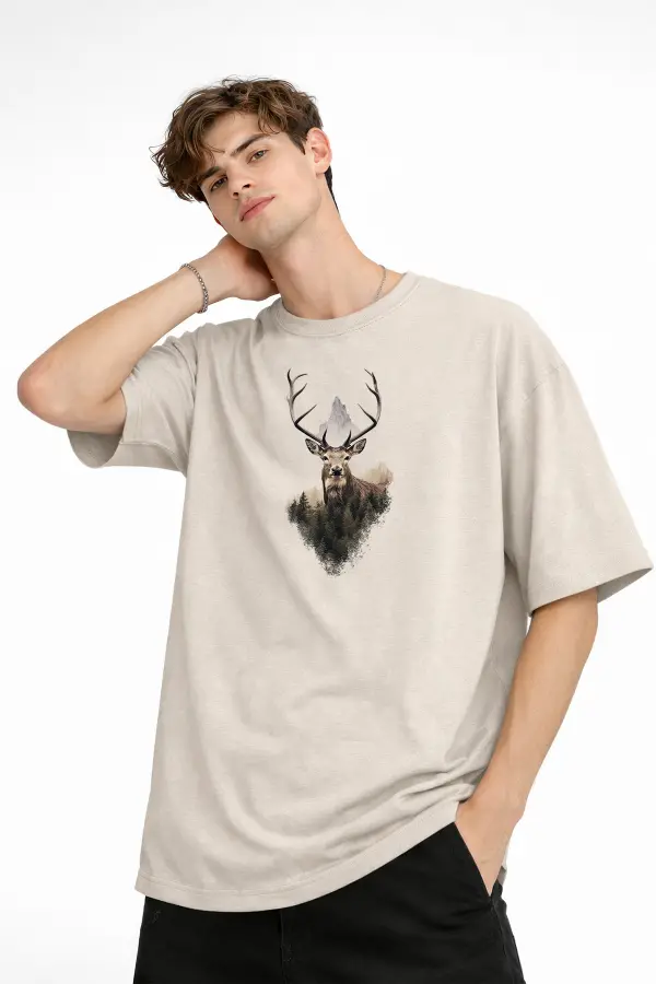 Deer - Oversize Erkek Tişört BEJ Deer - Oversize Erkek Tişört BEJ