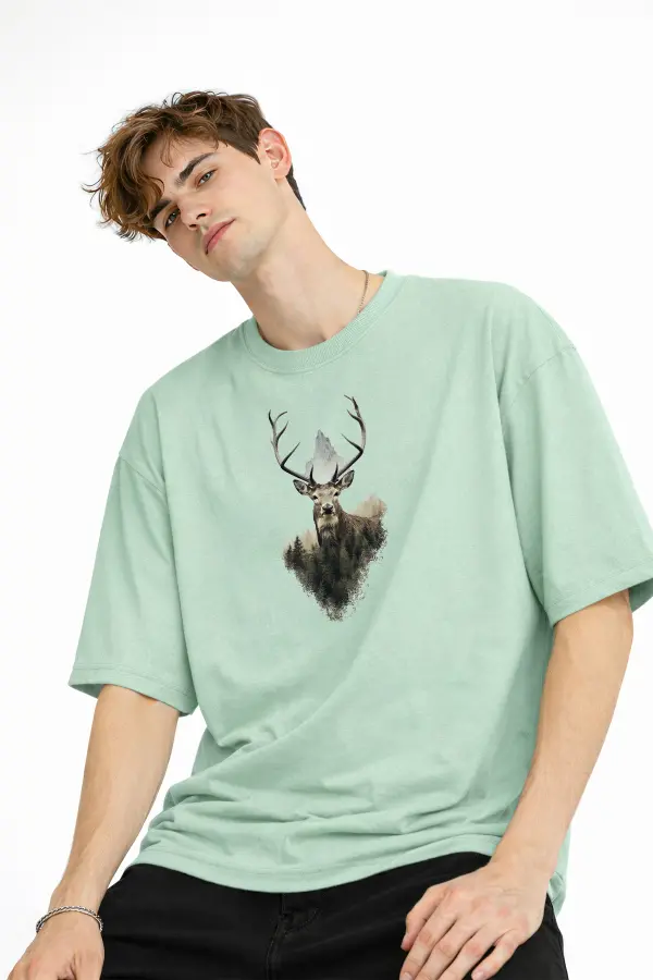 Deer - Oversize Erkek Tişört SU YESILI Deer - Oversize Erkek Tişört SU YESILI