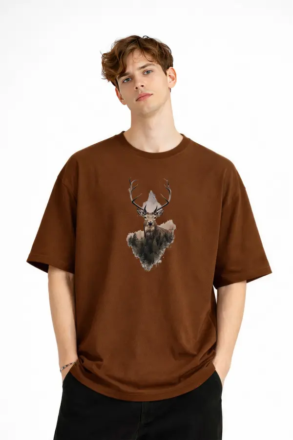 Deer - Oversize Erkek Tişört KAHVE Deer - Oversize Erkek Tişört KAHVE