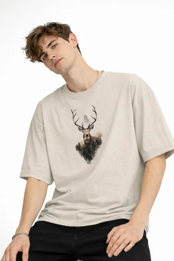 Deer - Oversize Erkek Tişört BEJ Deer - Oversize Erkek Tişört BEJ