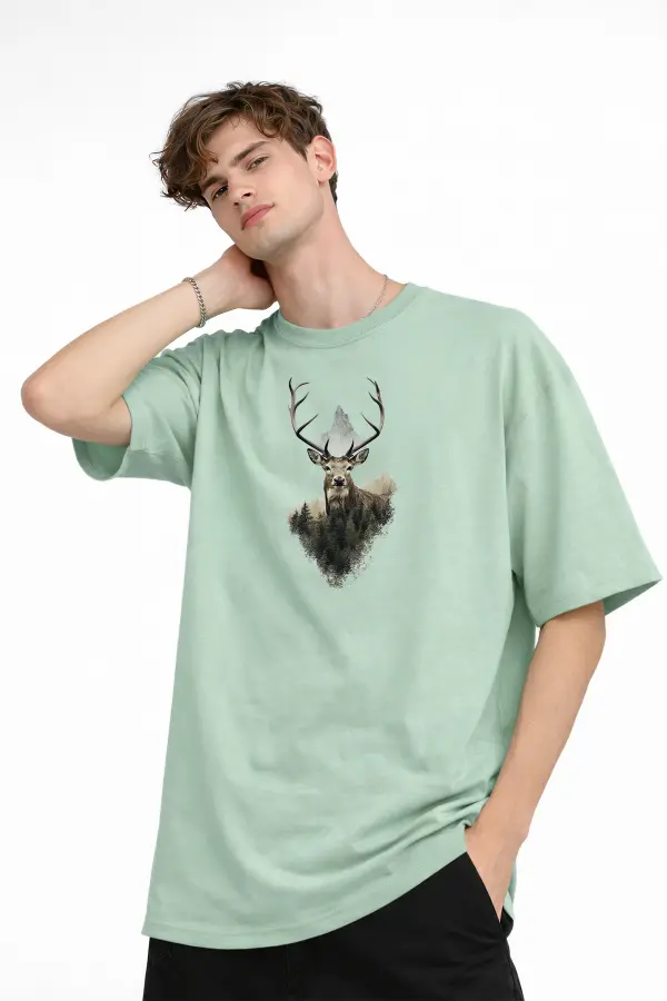 Deer - Oversize Erkek Tişört SU YESILI Deer - Oversize Erkek Tişört SU YESILI
