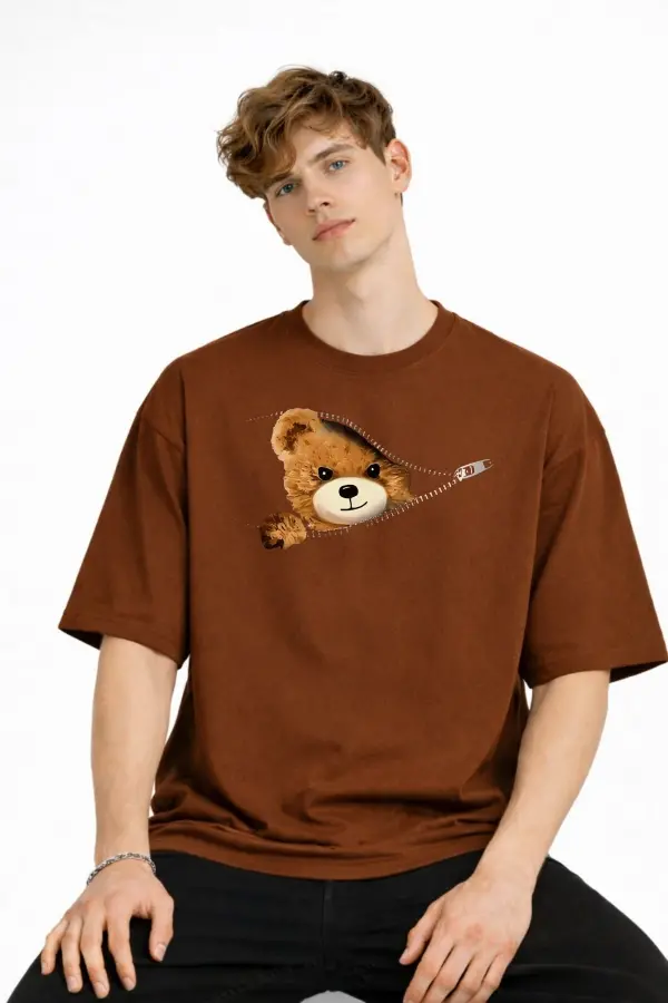 MN - Bear Baskılı Oversize Tişört KAHVE MN - Bear Baskılı Oversize Tişört KAHVE