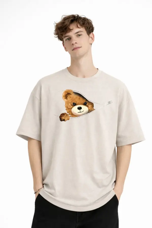 MN - Bear Baskılı Oversize Tişört BEJ MN - Bear Baskılı Oversize Tişört BEJ