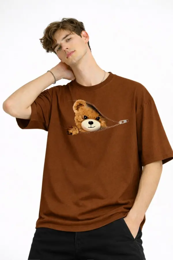 MN - Bear Baskılı Oversize Tişört KAHVE MN - Bear Baskılı Oversize Tişört KAHVE